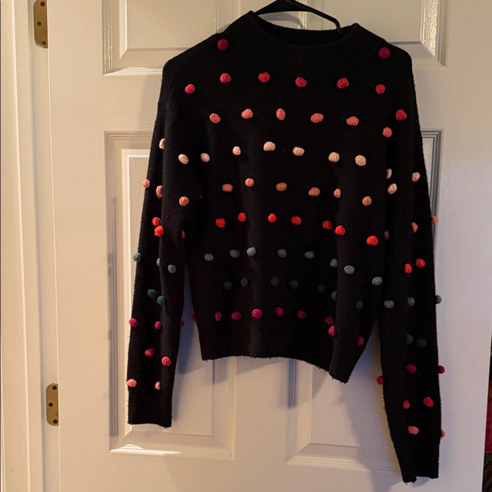 Colorful Pom-Pom Black Sweater by CeCe size S.